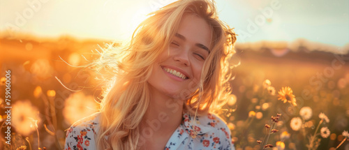 A joyful woman with blond hair is seen smiling in a sunny flower field, capturing the essence of happiness and freedom