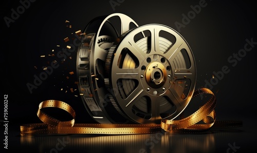 Golden vector film reel and twisted cinema tape. photo