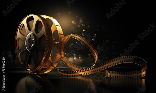 Golden vector film reel and twisted cinema tape.