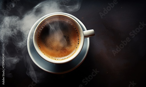 A cup of hot espresso coffee with a steam. Top view.