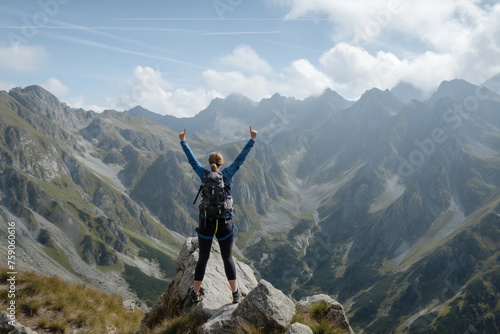 Female hiker celebrating success atop a mountain ridge during a clear day