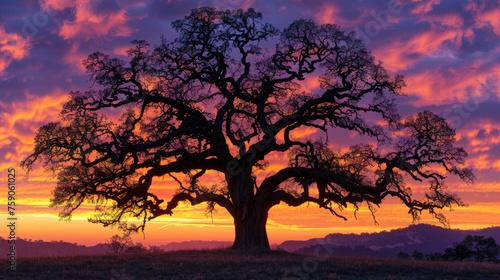 An isolated majestic oak tree stands silhouetted against a dramatic sunset sky, evoking feelings of endurance and timelessness