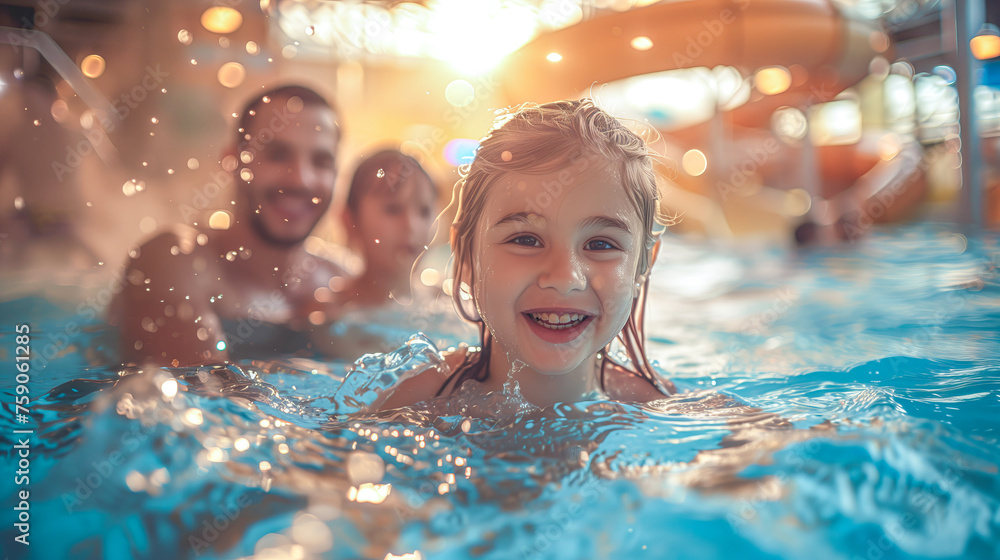 Radiant Child With Beaming Smile Enjoying Fun Time at Indoor Waterpark with Parents