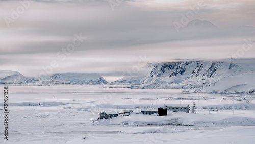 Collapse  destruction of Glacier. Antarctica of white snow and ice landscape on Galindez Island  Argentine Islands Archipelago. Science for Antarctic expedition at cold and stormy weather