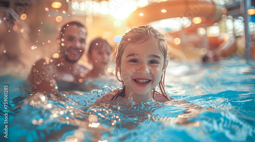 Radiant Child With Beaming Smile Enjoying Fun Time at Indoor Waterpark with Parents