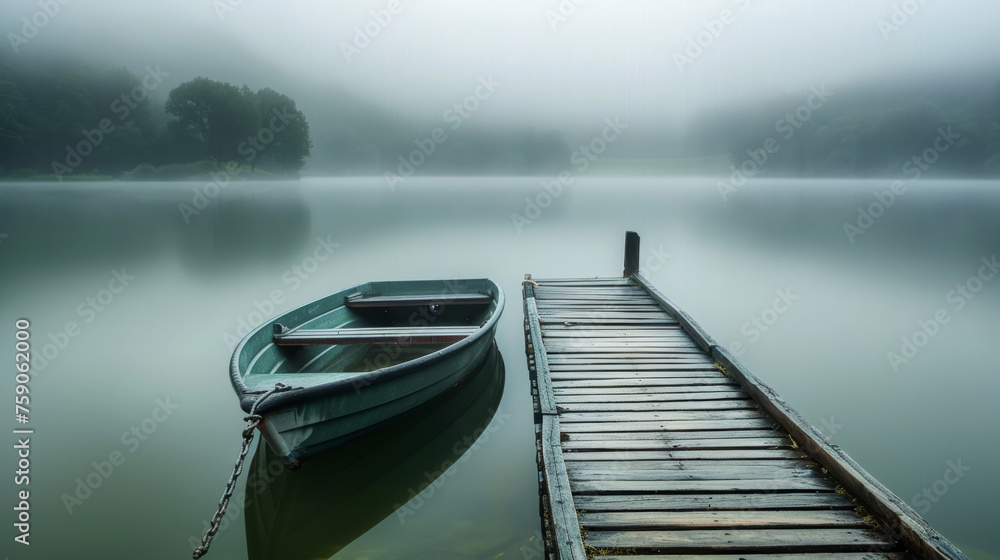 A restful tableau of a boat moored to a wooden quay, embraced by the enveloping morning mist by the lakeside A restful tableau of a boat moored to a wooden quay, embraced by the enveloping morning mist by the lakeside