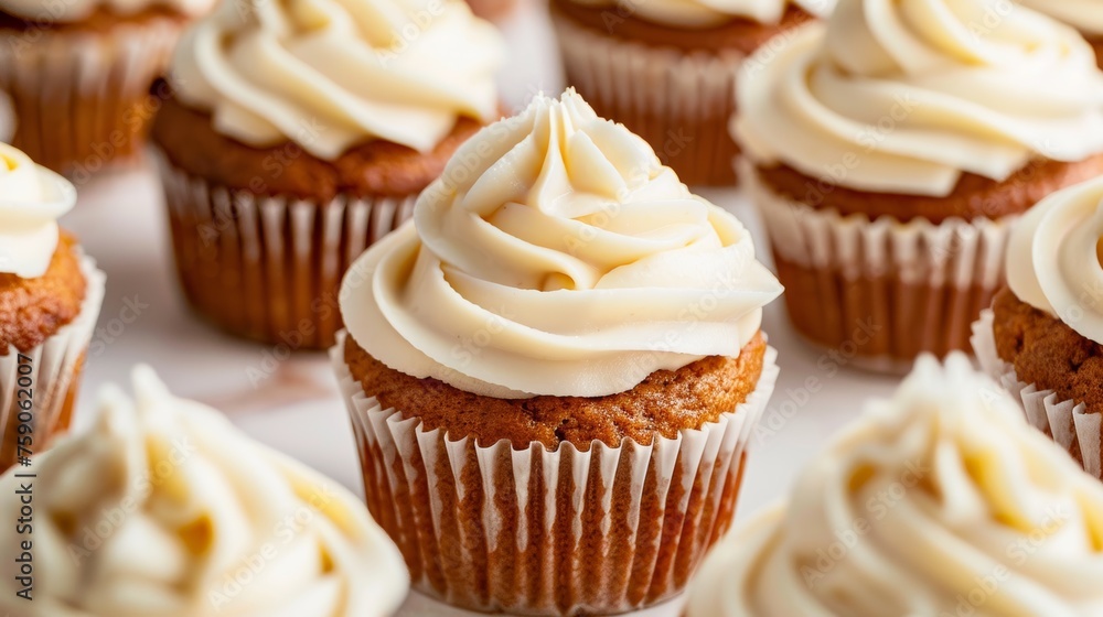 Perfectly iced cupcakes with a creamy swirl on top, set against a clean white background displaying homemade pastry perfection