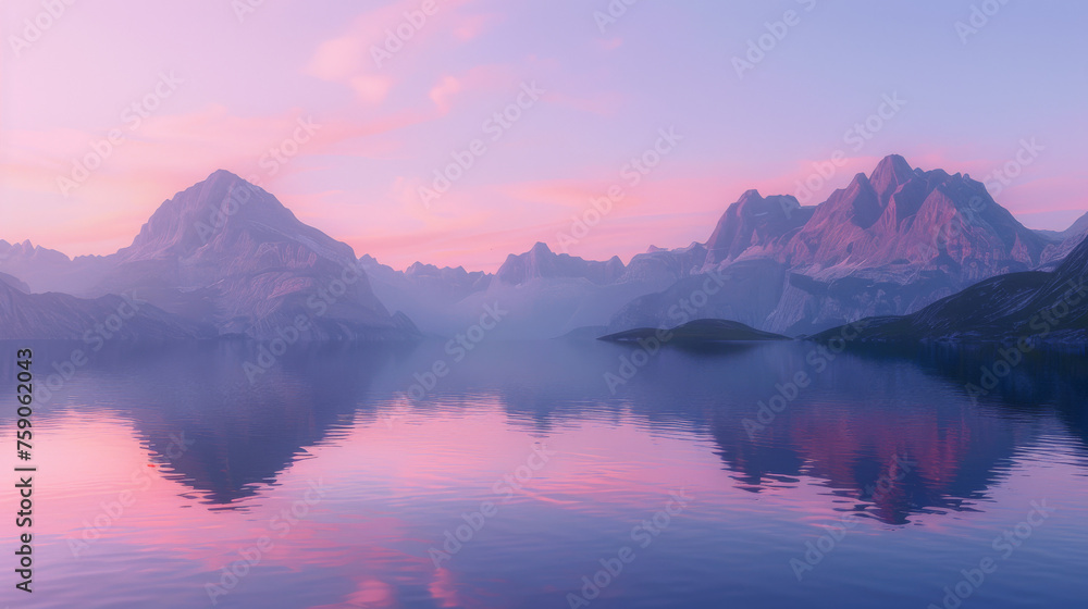 A serene image capturing the quiet stillness of a mountain lake under a soft pink sky reflecting on calm waters