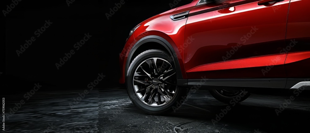 Side View of a modern dark red SUV car Isolated on black background. SUV automobile car concept in studio on orange background. Generative ai