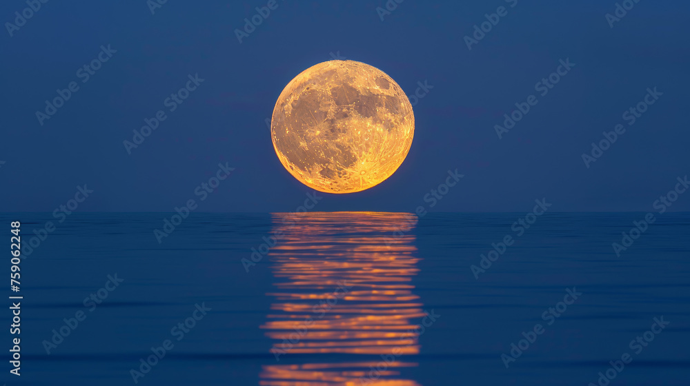 A serene image of a full moon illuminating the night sky with its reflection on the tranquil water below