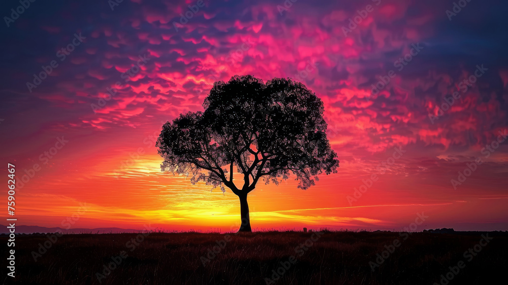 Vivid red and pink hues paint the sky behind the black silhouette of a lone tree in a sprawling field