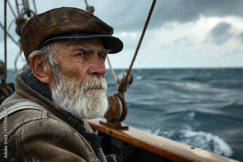 A man with a white hat and beard is standing on a boat. He looks tired and is staring at the camera. An elderly man with a skipper's beard wearing captain's cap. Fishing schooner in the North Sea