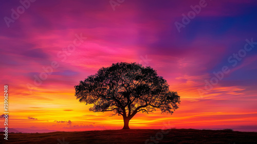The lone tree creates a striking silhouette against a purple and pink sunset sky, as day turns to night © Daniel