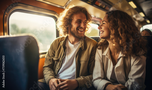 Happy young couple sitting in the train , traveling to their vacation by train. Active lifestyle concept