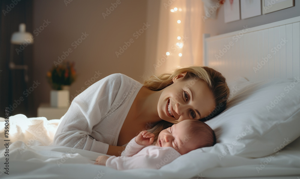 Beautiful young mom and her cute baby in bed Beautiful young mom and her cute baby in bed