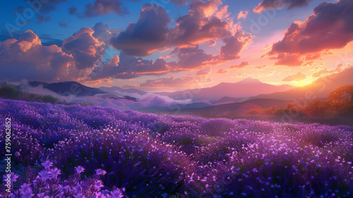 Breathtaking landscape showing lavender fields under a surreal, colorful sunset sky gently blended with clouds