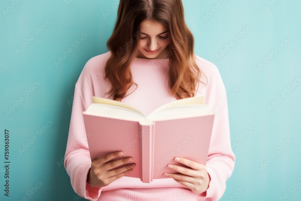 Happy Young Woman Smiling and reading open book on blue Background. World book day, International literacy day, concept of education and learning. Generative ai. Happy Young Woman Smiling and reading open book on blue Background. World book day, International literacy day, concept of education and learning. Generative ai.