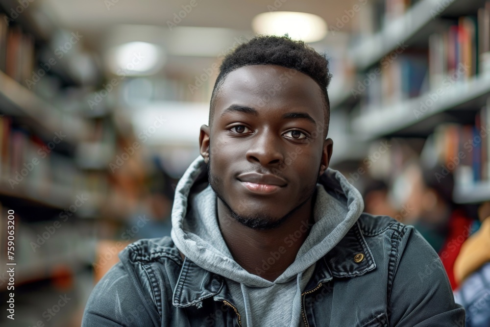 Portrait of a Young Black Man in Hoodie at the Library. Generative AI. Portrait of a Young Black Man in Hoodie at the Library. Generative AI.