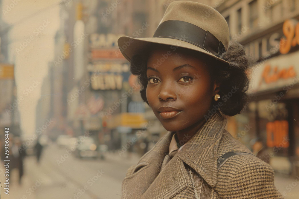 an image of a black young woman walking down the street in the 50s and 60s in retro style an image of a black young woman walking down the street in the 50s and 60s in retro style