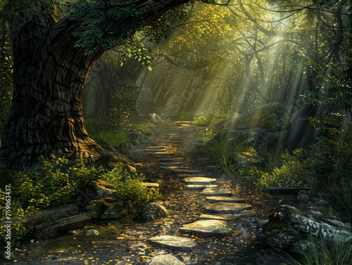 The soft light of dawn creates a mystical ambiance on this forest path, highlighting the textured cobblestones and greenery