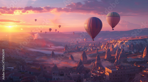 Hot air balloons soar over an ancient, rocky terrain catching the golden rays of dawn's first light