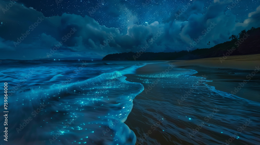 Stunning view of glowing blue waves due to bioluminescence, lighting up the sandy beach under a starry night sky - obrazy, fototapety, plakaty 