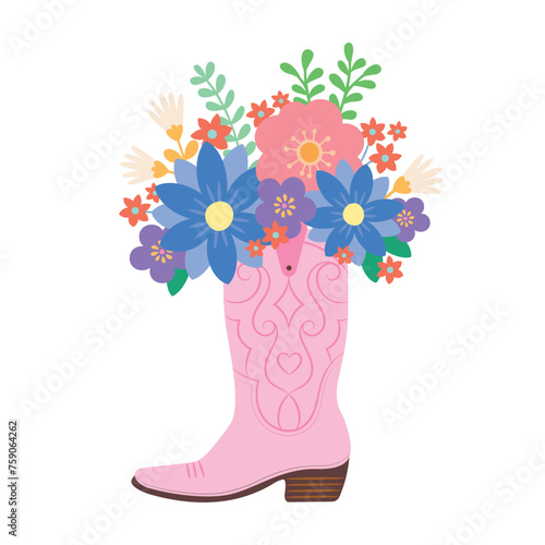 Pink Cowboy boot with flowers, western feminie theme vector illustration
