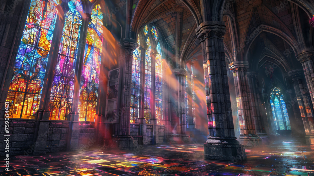 Delicate beams of colored light shine through the ornate stained glass, highlighting the rich details of a cathedral's stone interior