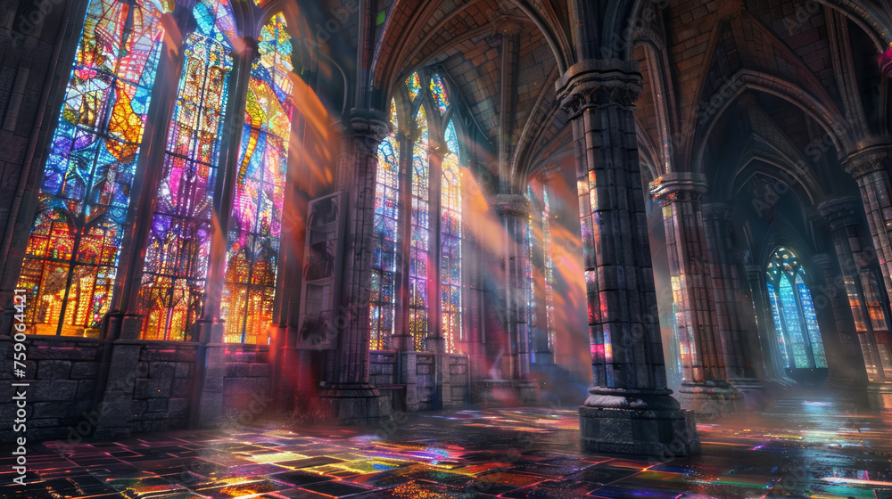 Delicate beams of colored light shine through the ornate stained glass, highlighting the rich details of a cathedral's stone interior Delicate beams of colored light shine through the ornate stained glass, highlighting the rich details of a cathedral's stone interior