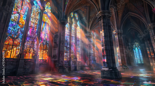 Delicate beams of colored light shine through the ornate stained glass  highlighting the rich details of a cathedral s stone interior