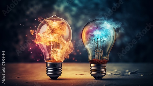 Two lightbulbs shine brightly, each radiating distinct ideas, symbolizing the diversity of thought and creativity in the realm of innovation.