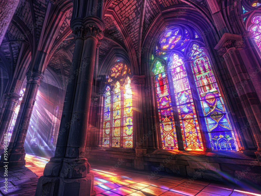 The vibrant stained glass windows of a cathedral interior cast a kaleidoscope of colors across the arched stone pillars and floor The vibrant stained glass windows of a cathedral interior cast a kaleidoscope of colors across the arched stone pillars and floor