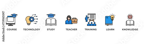 Online education banner web icon vector illustration concept with icon of course, technology, study, teacher, training, learn and knowledge	
