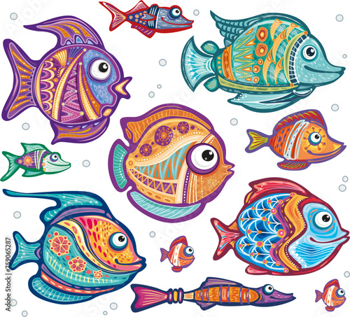 Set of Stylized Ornamental decorative fishes
