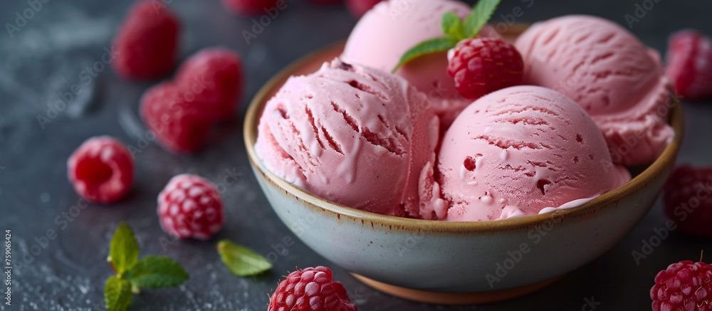 Raspberry ice cream dessert, gelato, sorbet. Sweet food. Pink icecream with berries. Raspberry ice cream dessert, gelato, sorbet. Sweet food. Pink icecream with berries.
