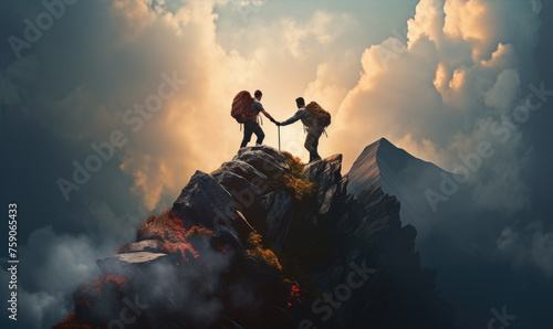 Two fiernds - hikers on the mountain top. Help each other to reach the mountain top