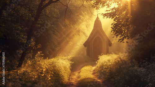 Path of Faith: An image of a natural trail leading to a small church or chapel at dusk photo