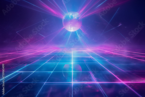  disco ball with radiant neon beams on a party dance floor.