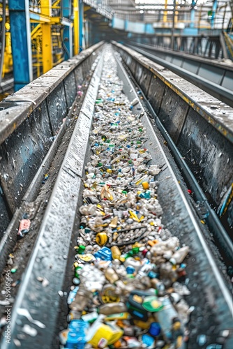 Recyclable materials on conveyor belt in a waste recycling factory. Conveyor belt filled with recyclable materials.
