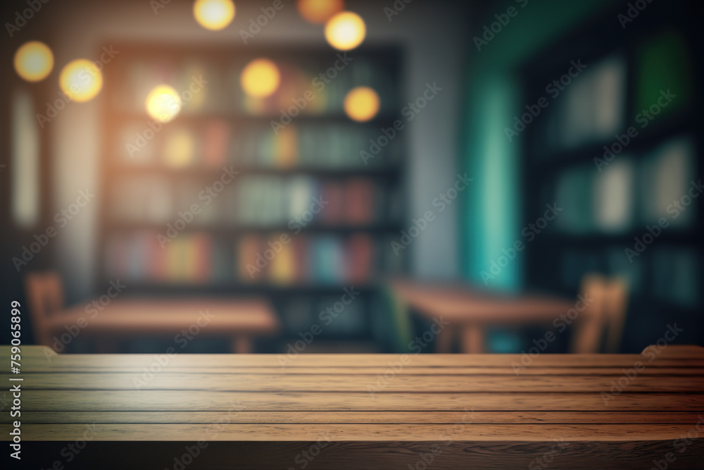 Rustic wooden table in a classroom setting, perfect for displaying educational products or designs. Table-top view on blurred background with empty tables and atmospheric light. Flawless generative ai