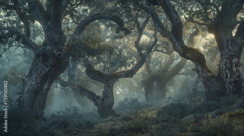 Surreal and haunting woods shrouded in mist, with gnarled trees forming an otherworldly landscape