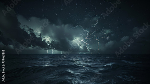 A tumultuous sea under a dark sky lit by multiple lightning strikes  capturing the power of nature