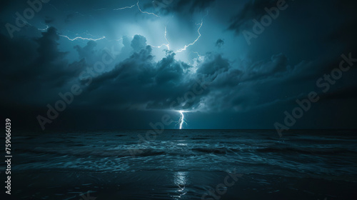 Stark lightning bolts tear through the night sky above a restless ocean, evoking ominous beauty photo