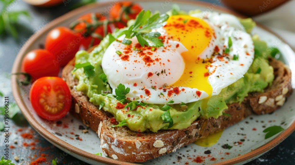 avocado toast on whole grain bread, topped with poached eggs, cherry tomatoes, and a sprinkle of red pepper flakes avocado toast on whole grain bread, topped with poached eggs, cherry tomatoes, and a sprinkle of red pepper flakes