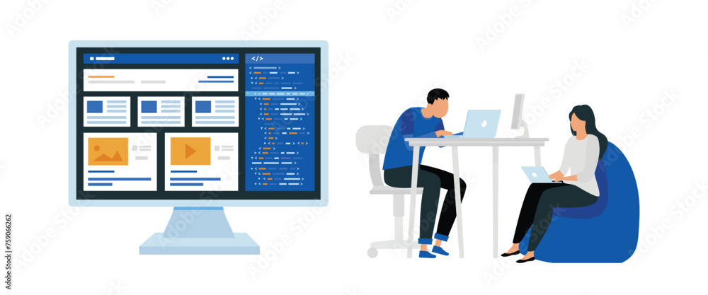 Programmers working on web development. Programmer coding and programming. Software development. Software development. Vector illustration in flat style Programmers working on web development. Programmer coding and programming. Software development. Software development. Vector illustration in flat style