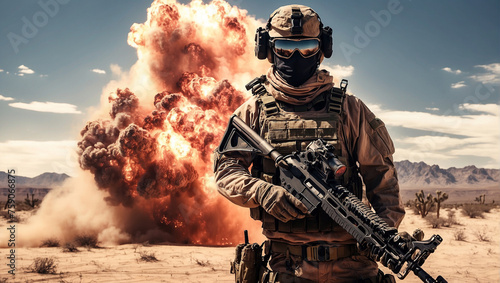 a solder with an AR15 in the desert explosion