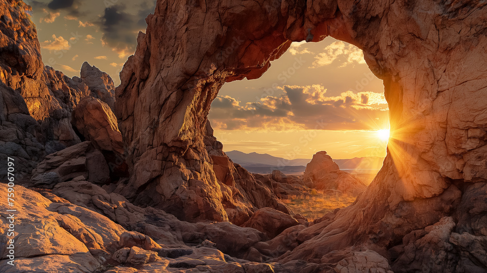 Sunset through a rocky desert arch.