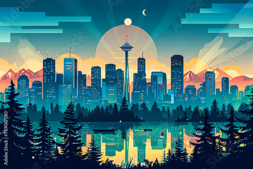 A flat vector skyline of Vancouver city in British Columbia, Canada. Night sky with buildings. photo