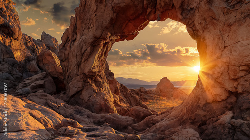 Sunset through a rocky desert arch. © RISHAD