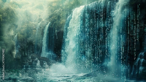 digital waterfalls, green matrix binary code Cascading Through waterfall. 